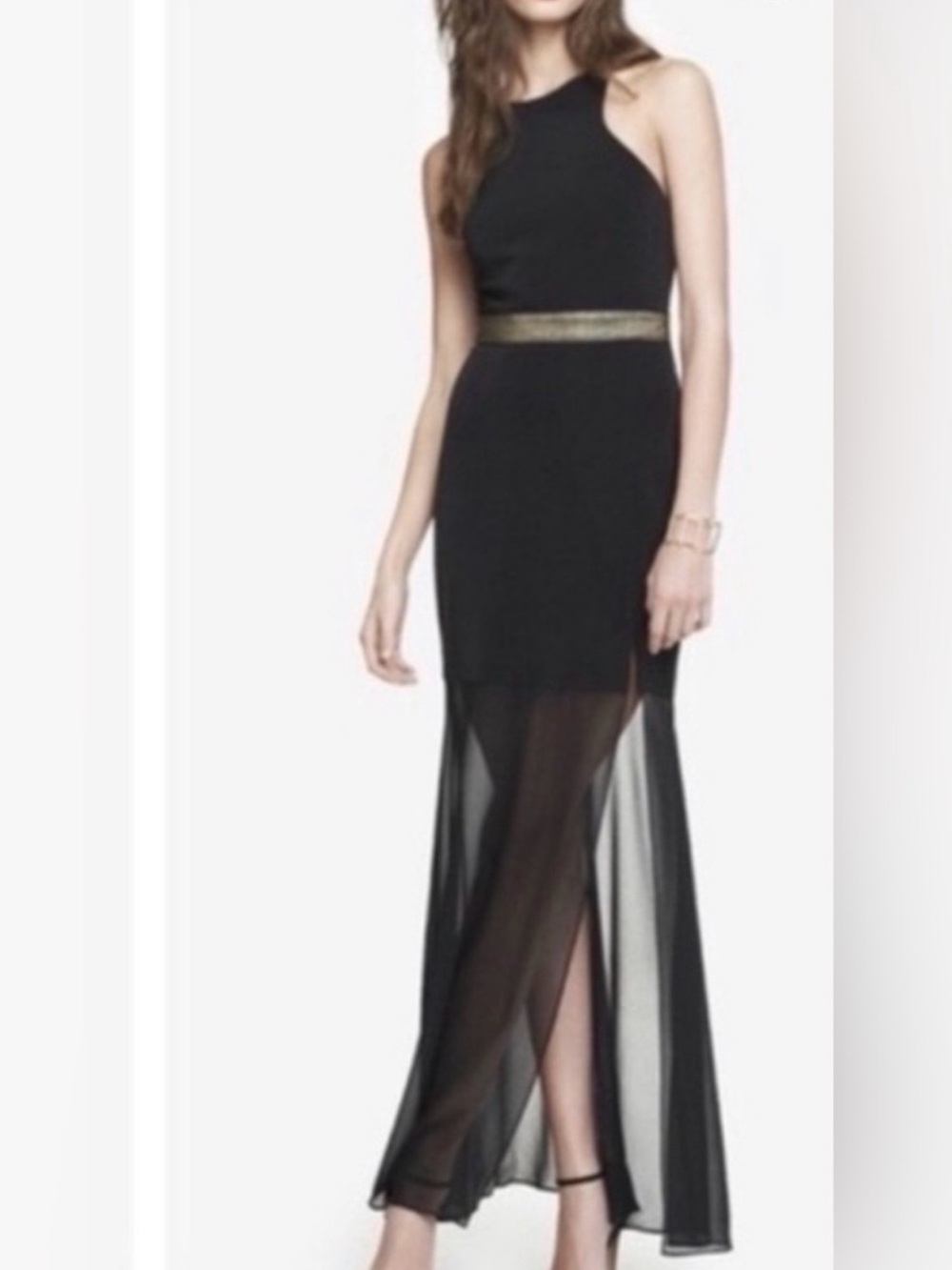 Express Black Crisscross Back Formal Dress with Gold Waist